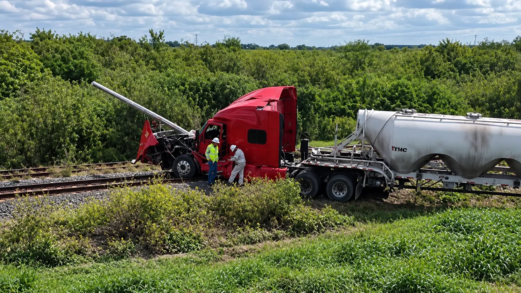 Elementos de CFE analizan los daños ocasionados por un accidente con tractocamión.