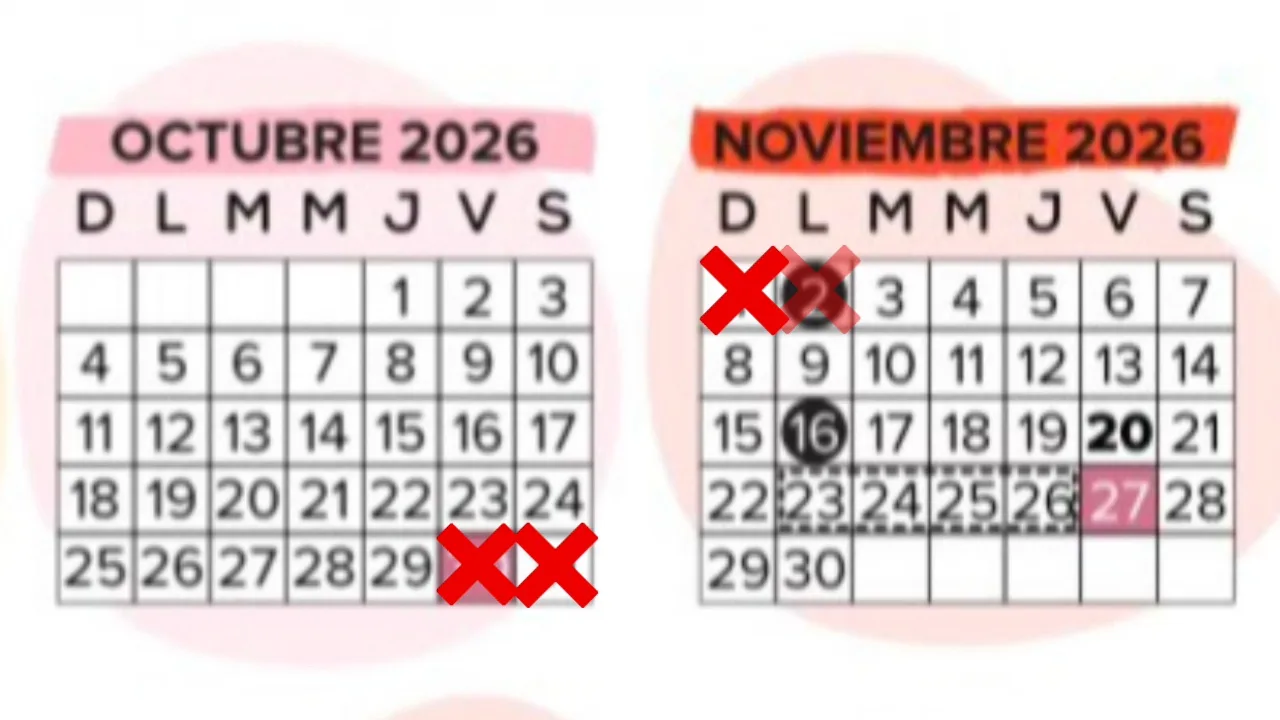 Muestra los meses de octubre y noviembre del 2026 en el calendario escolar oficial